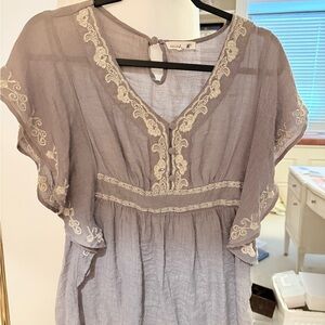 Embroidered Sheer Gray Linen Blouse